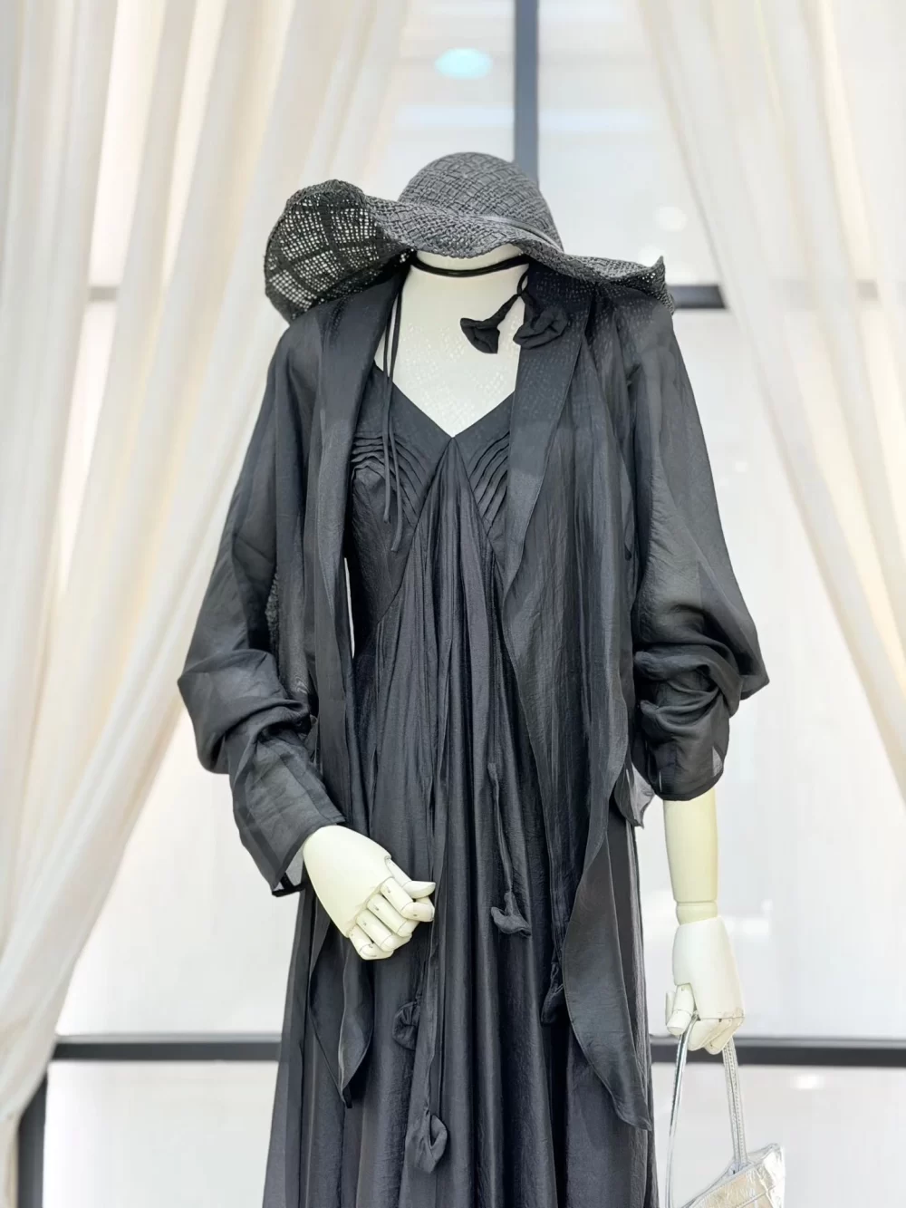 Black V-Neck Maxi Dress with Detachable Cardigan